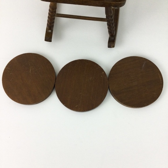 Vintage MCM wooden rattan miniature rocking chair with coasters set of 3 - Picture 4 of 13